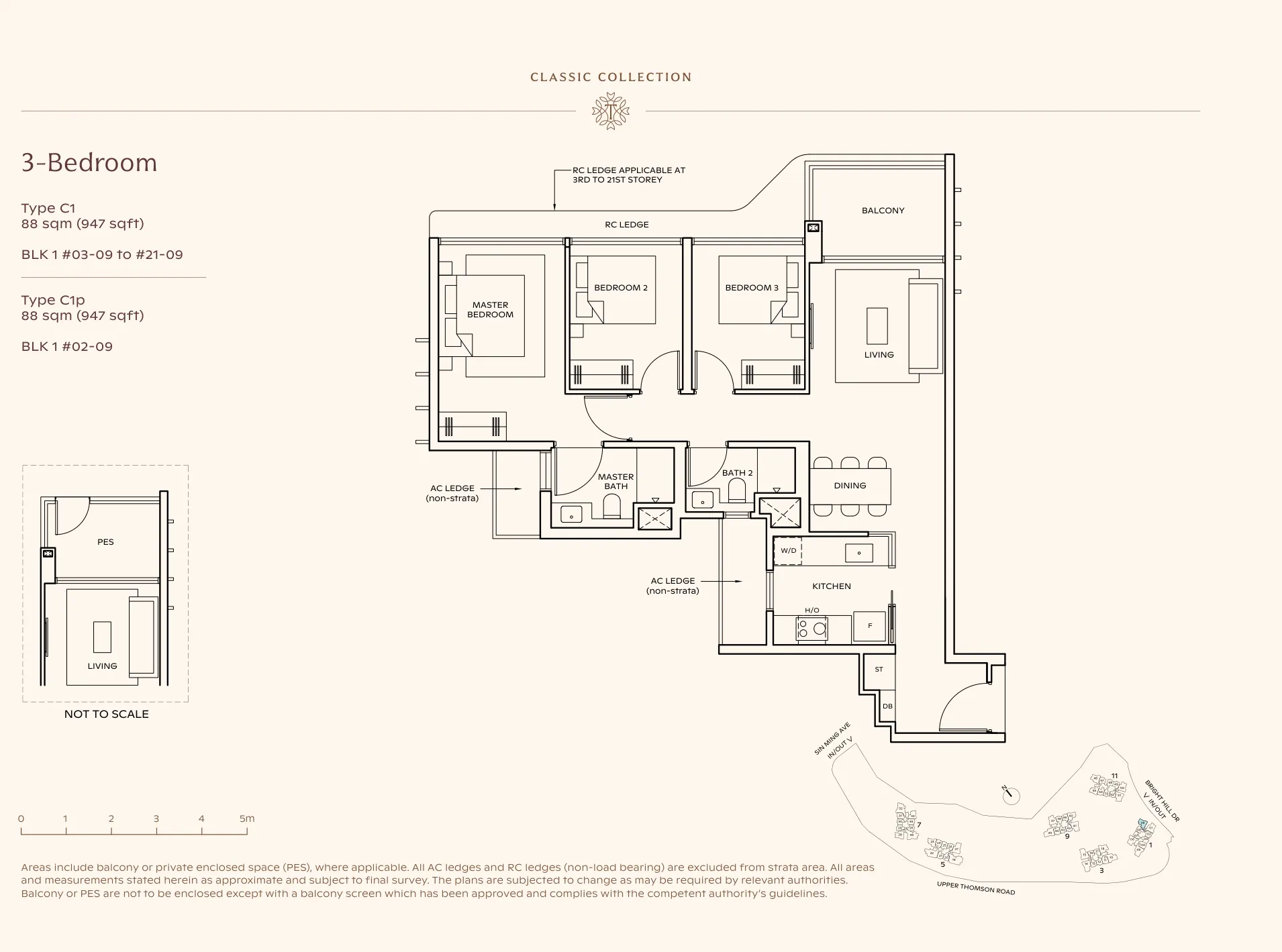 Thomson Reserve type C1 floor plan, 3-Bedroom, 88 sqm