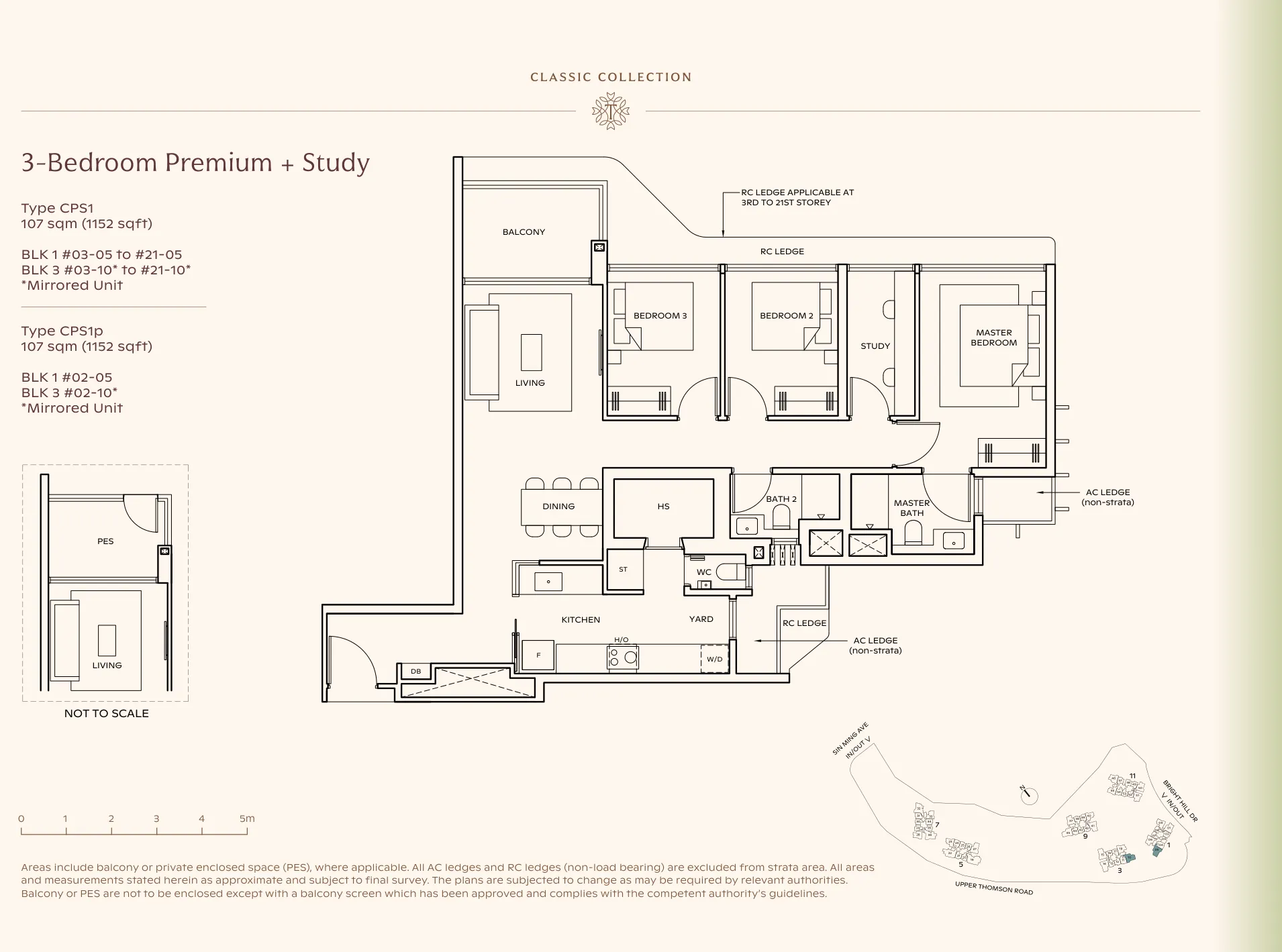 Thomson Reserve type CPS1 floor plan, 3-Bedroom Premium + Study, 107 sqm